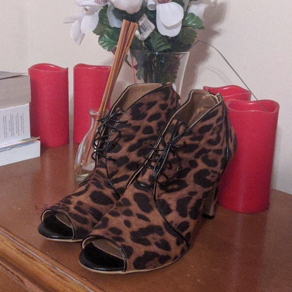 Leopard print open toe booties
